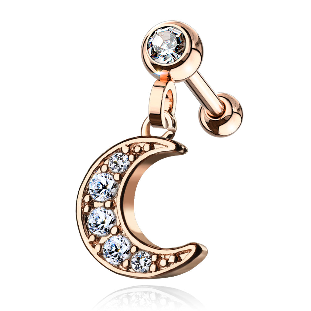 Cherry Diva Stud Rose Gold 16 Gauge Dangling Crystal Moon Cartilage Stud