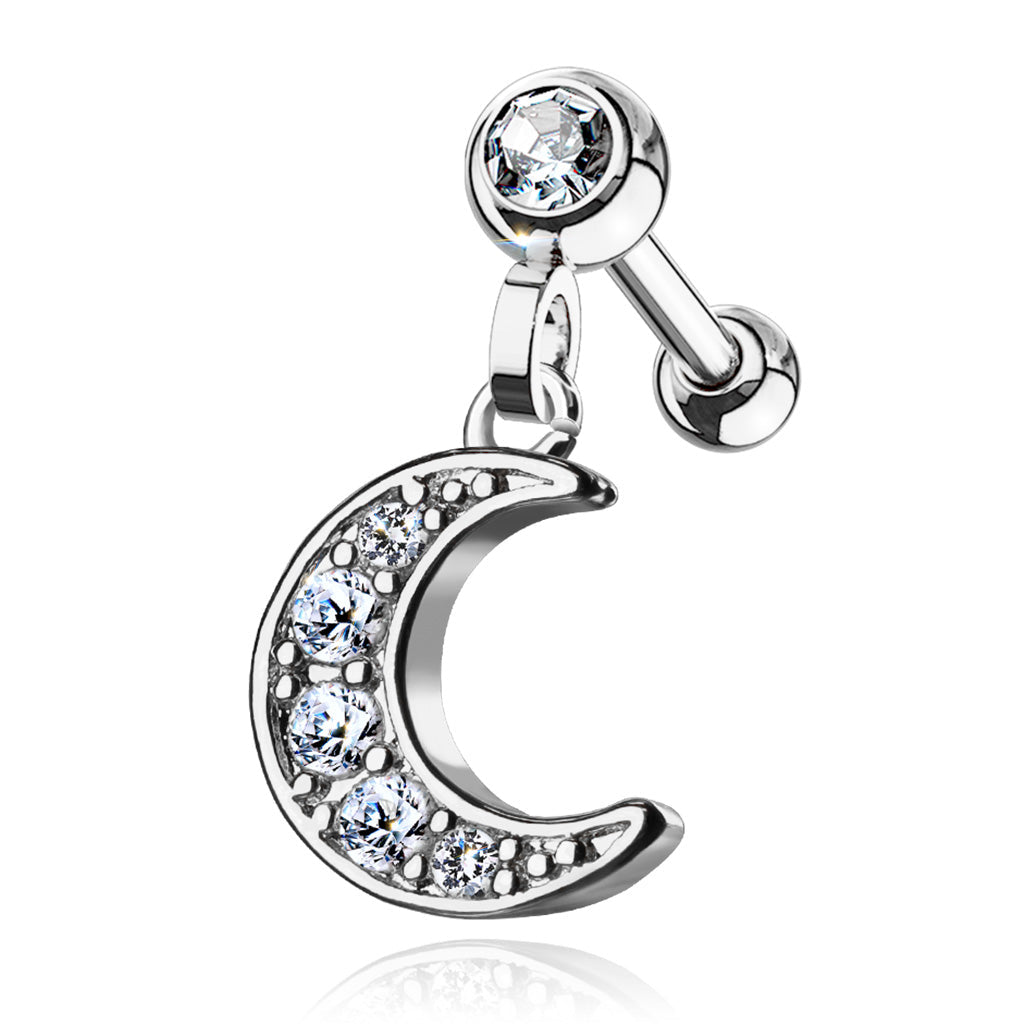 Cherry Diva Stud Silver 16 Gauge Dangling Crystal Moon Cartilage Stud