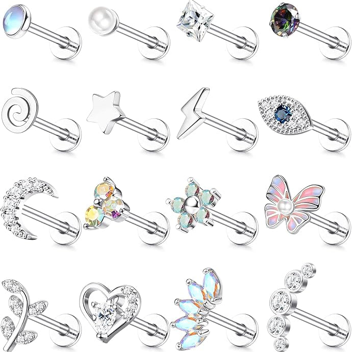 Cherry Diva Stud Silver / 6MM Multi Pack Of 16 Silver Cartilage / Labret Studs