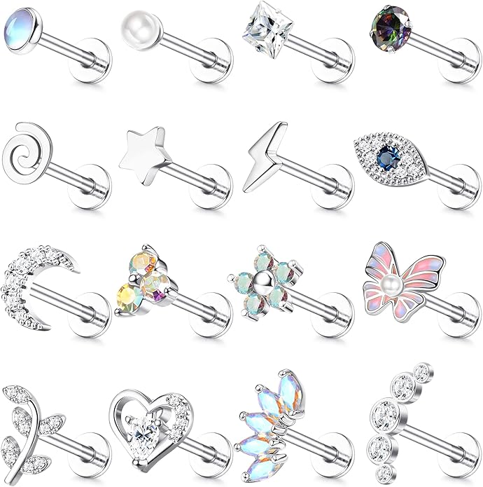 Cherry Diva Stud Silver / 6MM Multi Pack Of 16 Silver Cartilage / Labret Studs