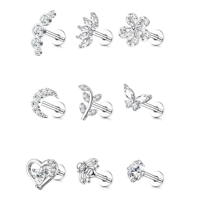 Cherry Diva Stud Silver / 6MM Multi Pack Of 9 Crystal Cartilage / Labret Studs