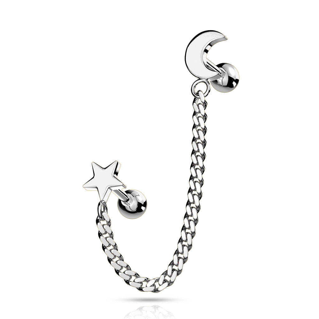 Cherry Diva Stud SILVER 16 Gauge Moon & Stars Chain Linked Stud