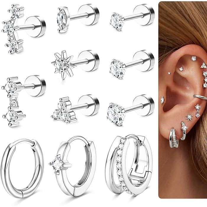 Cherry Diva Stud Silver Multi Pack of 11 Cartilage Studs & Hoops