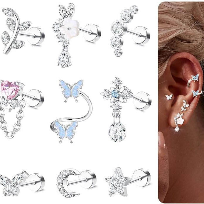 Cherry Diva Stud Silver Multi Pack of 12 Cartilage Studs & Hoops