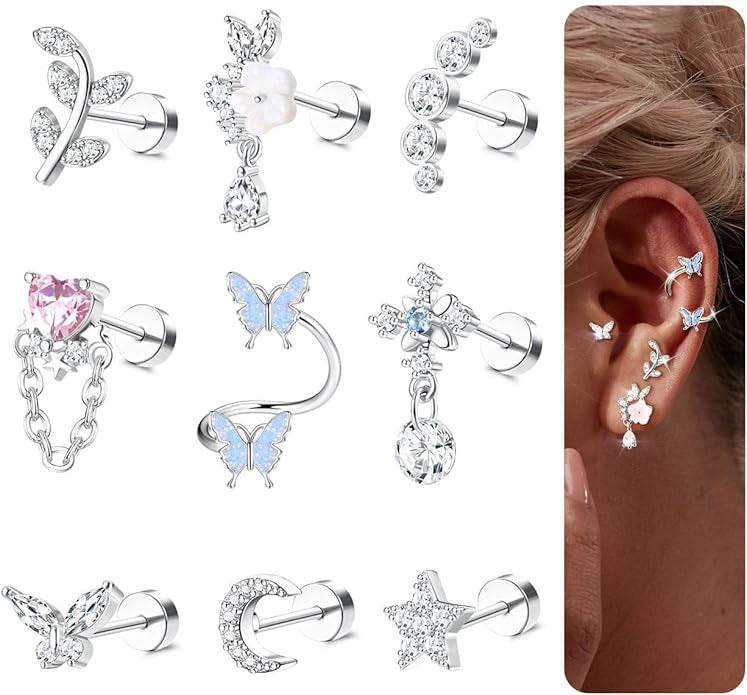 Cherry Diva Stud Silver Multi Pack of 12 Cartilage Studs & Hoops