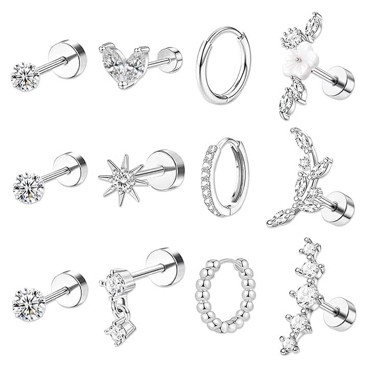 Cherry Diva Stud Silver Multi Pack of 12 Cartilage Studs & Hoops