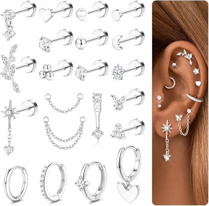 Cherry Diva Stud Silver Multi Pack of 21 Cartilage Studs & Hoops