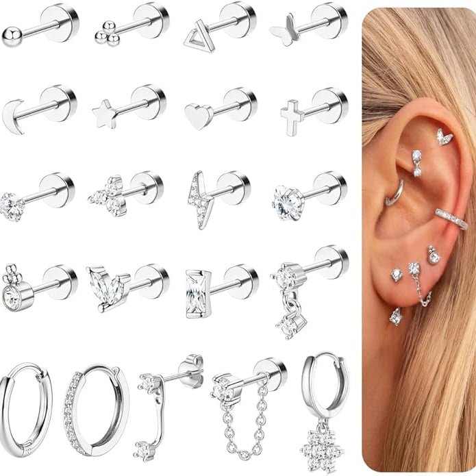 Cherry Diva Stud Silver Multi Pack Of 21 Flat Back Studs And Hoops