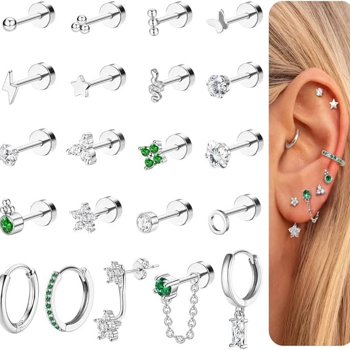 Cherry Diva Stud Silver Multi Pack Of 21 Flat Back Studs And Hoops