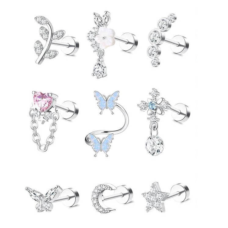 Cherry Diva Stud Silver Multi Pack of 9 Crystal Cartilage Studs