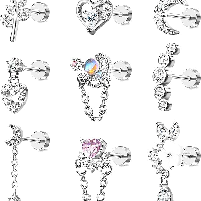 Cherry Diva Stud Silver Multi Pack Of 9 Dangling Flat Back Cartilage Studs