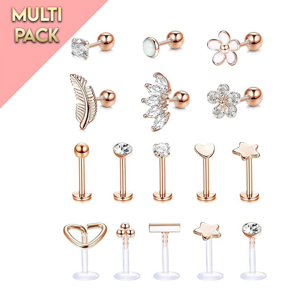 Multipack Of 16 Rose Gold Cartilage & Labret Studs