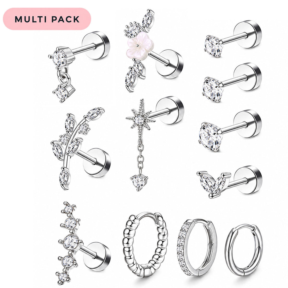 A 12-piece multi-pack of silver-toned ear piercings and hoop earrings, featuring various designs including floral, star, leaf, and textured hoop styles with clear rhinestones and one pink flower accent, displayed on a white background with a pink 'MULTI PACK' label.