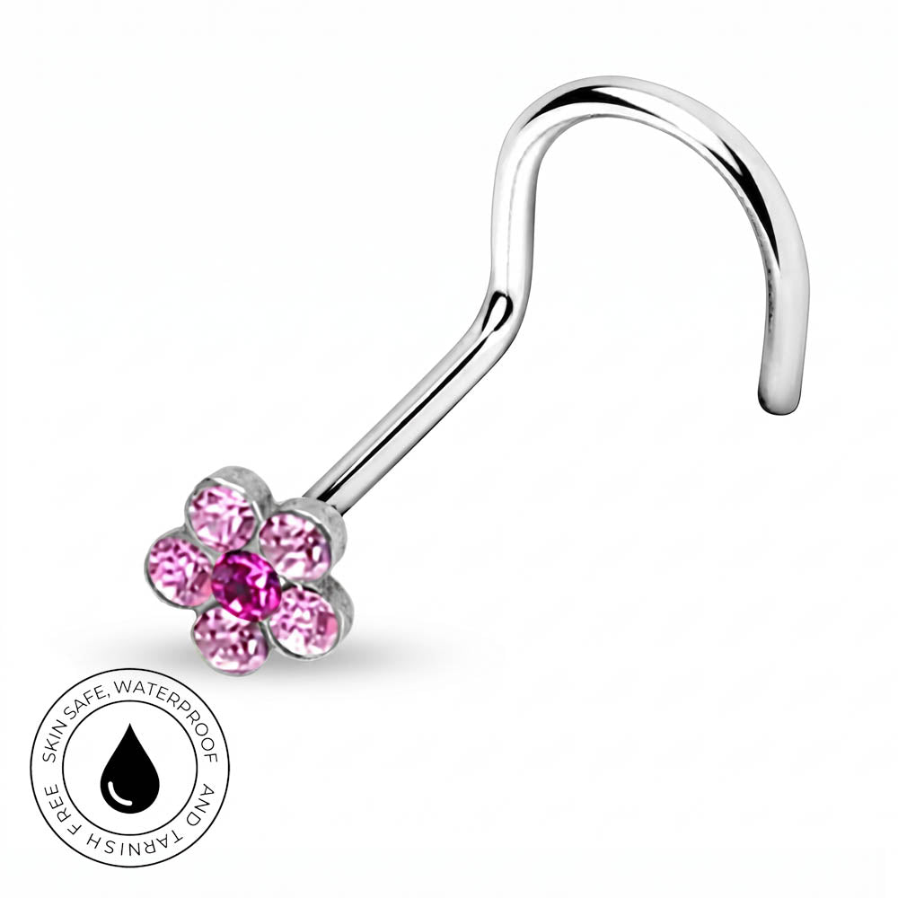 A curved silver-toned nose ring with a flower-shaped pink gemstone cluster, shown on a white background with a circular 'skin-safe waterproof' badge in the lower-left corner.