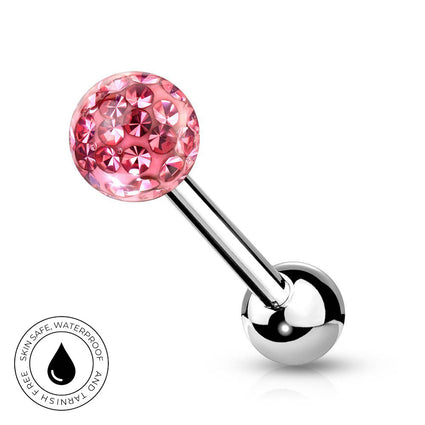 A pink faceted gemstone barbell stud with a polished silver-tone metal post and ball end, shown on a white background with a circular 'SkinSafe Waterproof' badge in the lower-left corner.