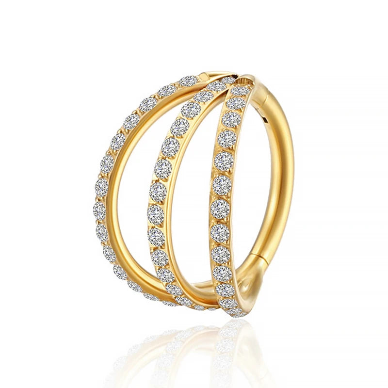 Cherry Diva Hinged Hoop Ring Gold / 8MM 16 Gauge Titanium Triple Crystal Hinged Hoop