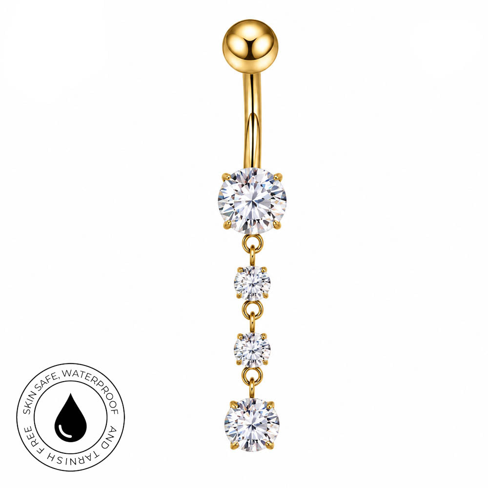 Gold-plated belly button ring with a vertical drop design featuring four clear round-cut cubic zirconia stones, shown on a white background with a skin-safe waterproof badge in the bottom-left corner.