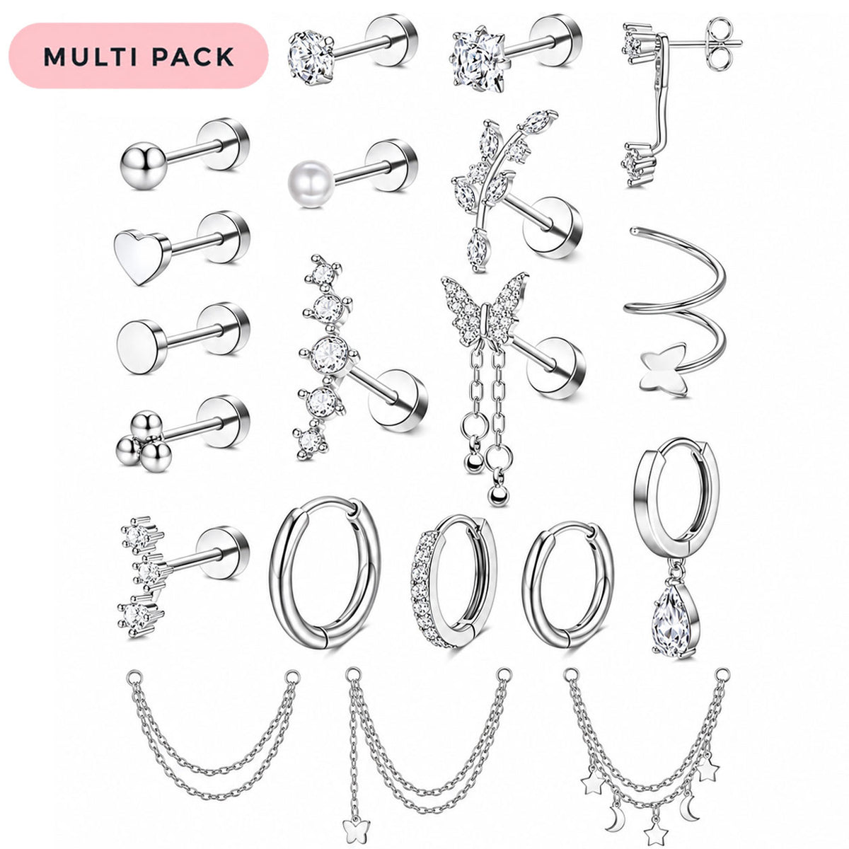 A 20-piece silver-toned ear cuff and stud jewelry set displayed on a clean white background. The set includes various hoop, huggie, stud, and chain earrings with clear crystal and pearl accents, along with three silver chain necklaces featuring star, crescent moon, and starburst charms.