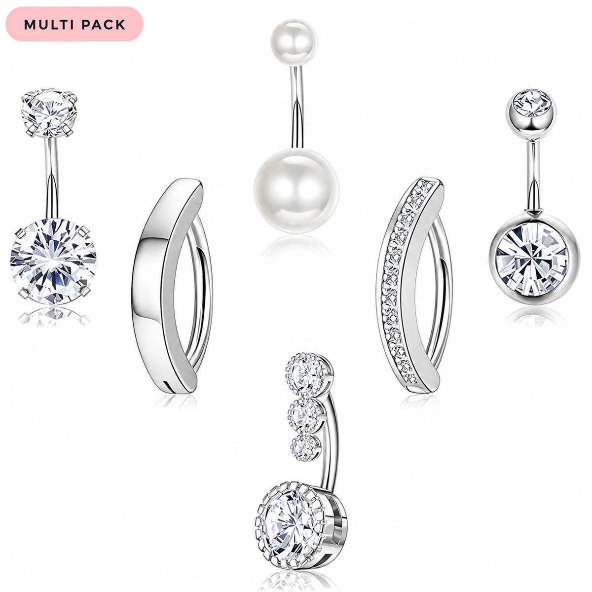 Six silver-toned belly button piercings arranged on a white background, including round clear stone studs, a pearl barbell, curved huggie-style pieces with stones, and a smaller cluster stud. A pink label in the top left reads 'MULTI PACK'.