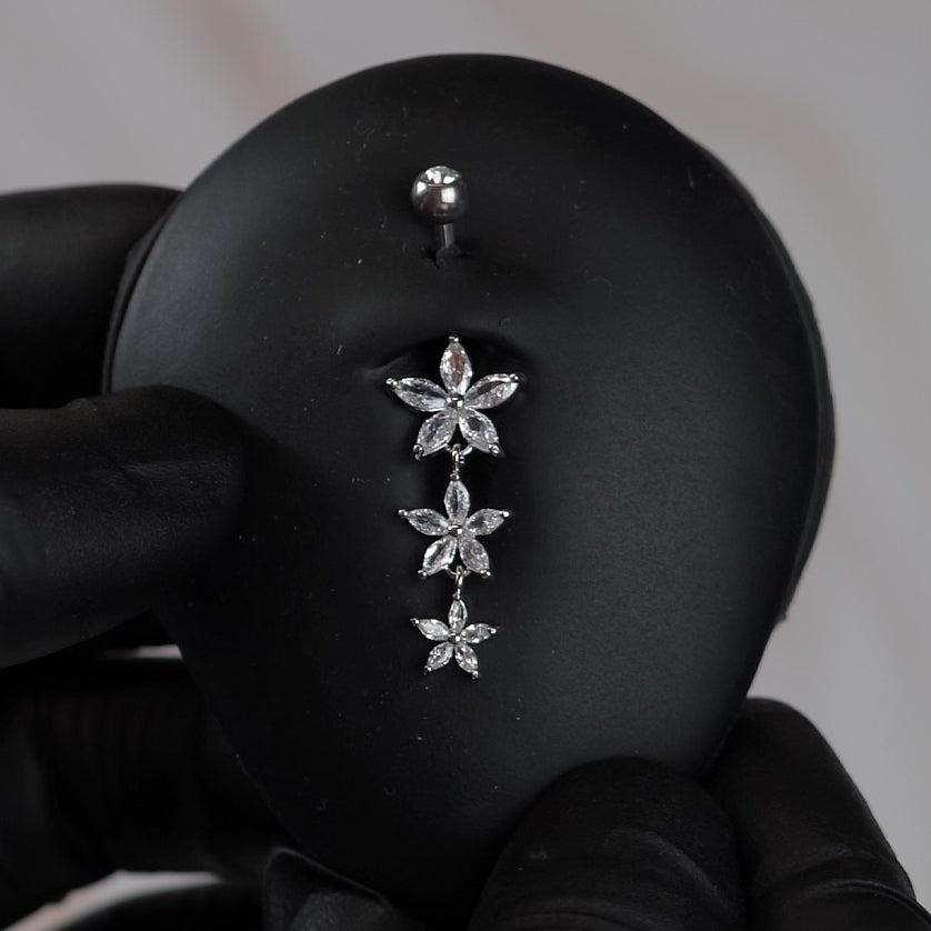 14 Gauge Triple Dangling Flower Belly Button Bar