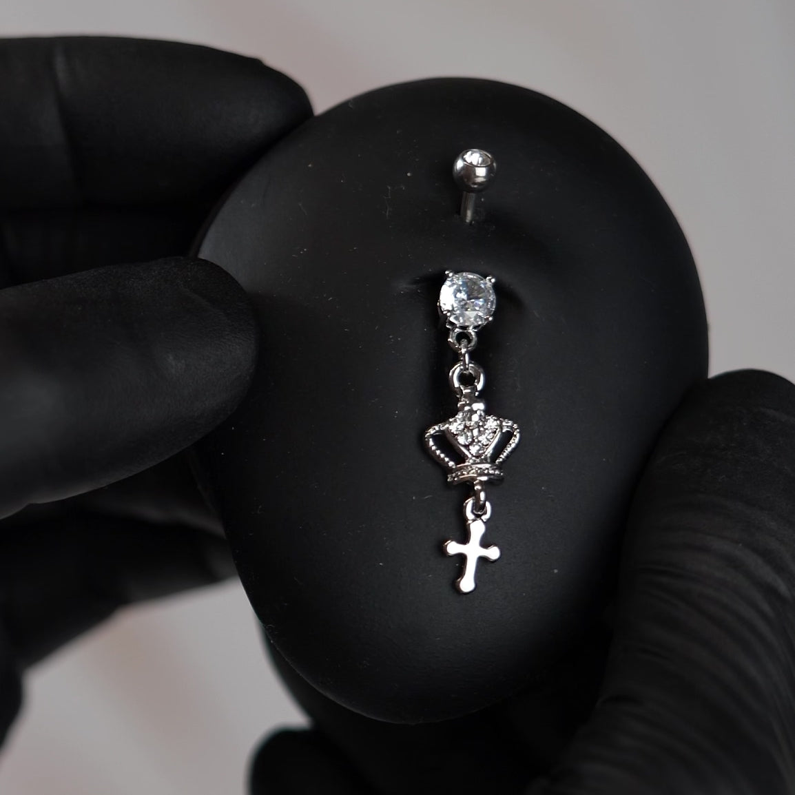14 Gauge Dangling Silver Crown & Cross Belly Button Bar