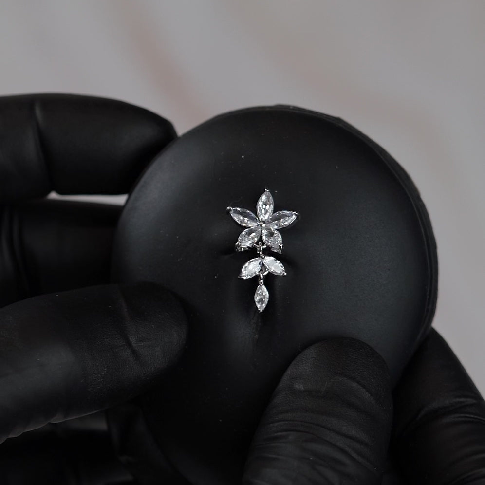 14 Gauge Dangling Crystal Flower Reverse Belly Button Bar