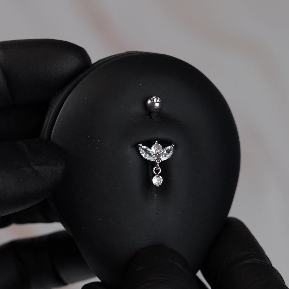 14 Gauge Dangling Crystal Marquise Flower Belly Bar