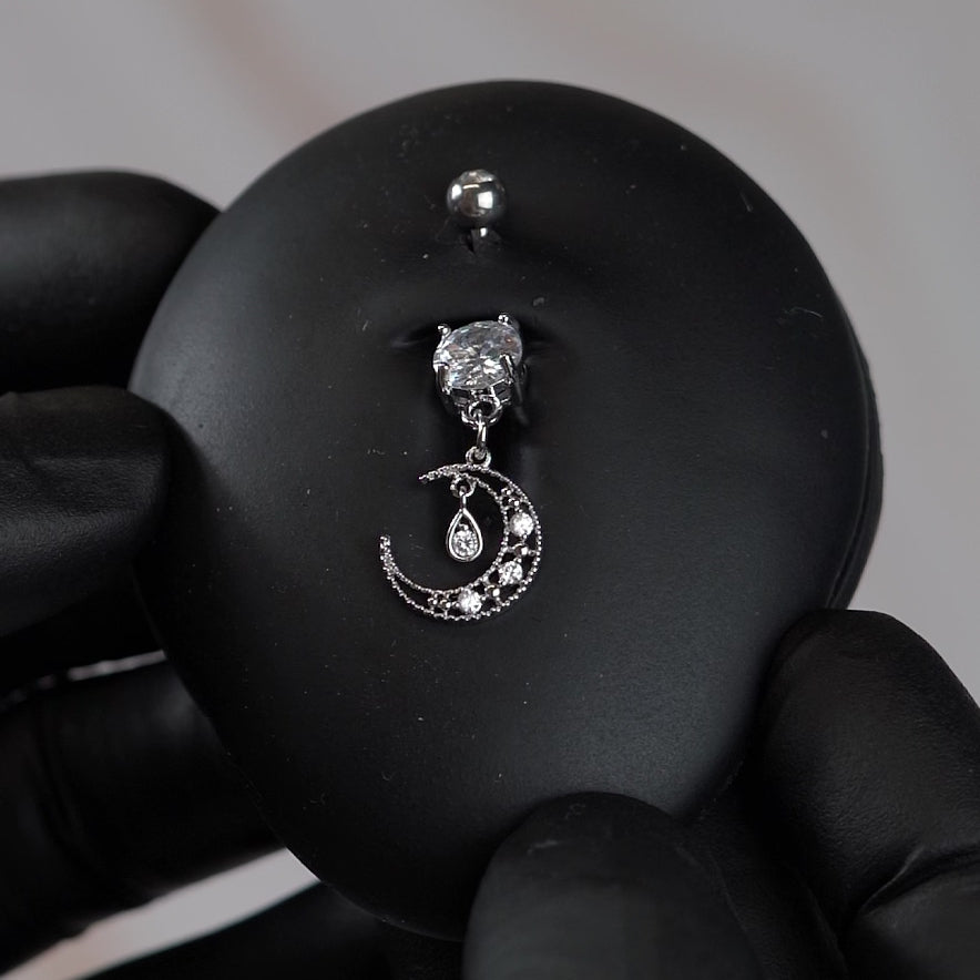 14 Gauge Dangling Silver Moon Belly Bar