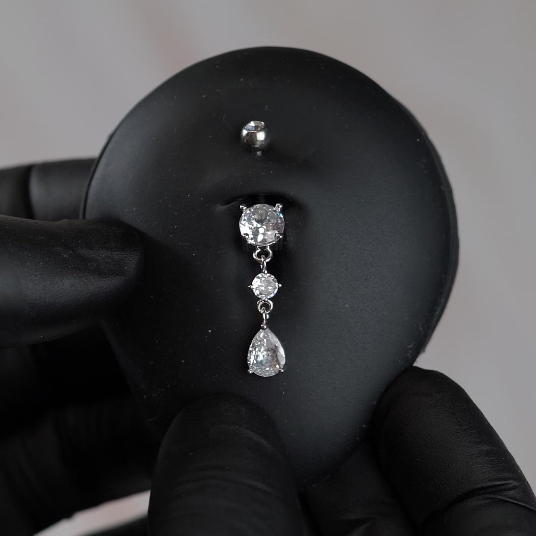14 Gauge Double Dangling Crystal Teardrop Belly Bar - Silver