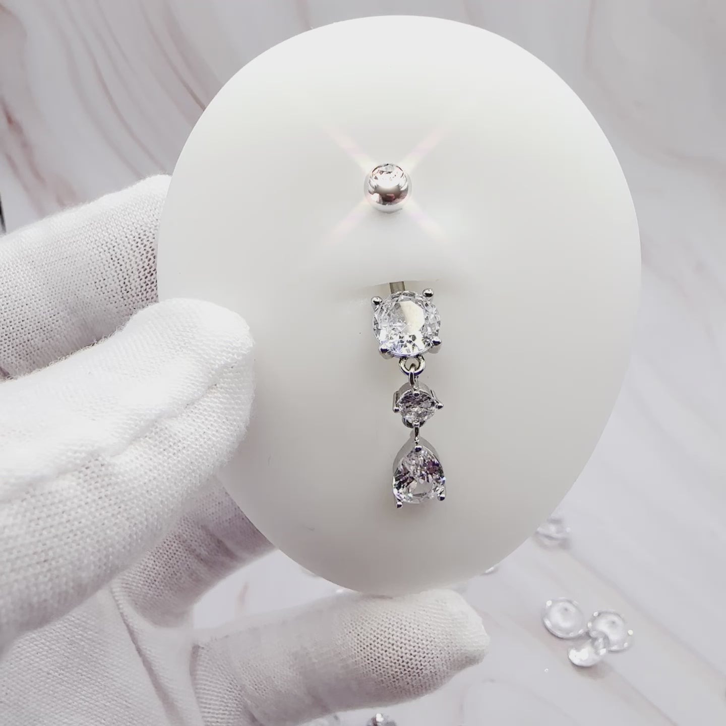 14 Gauge Double Dangling Crystal Teardrop Belly Bar - Silver Product Video