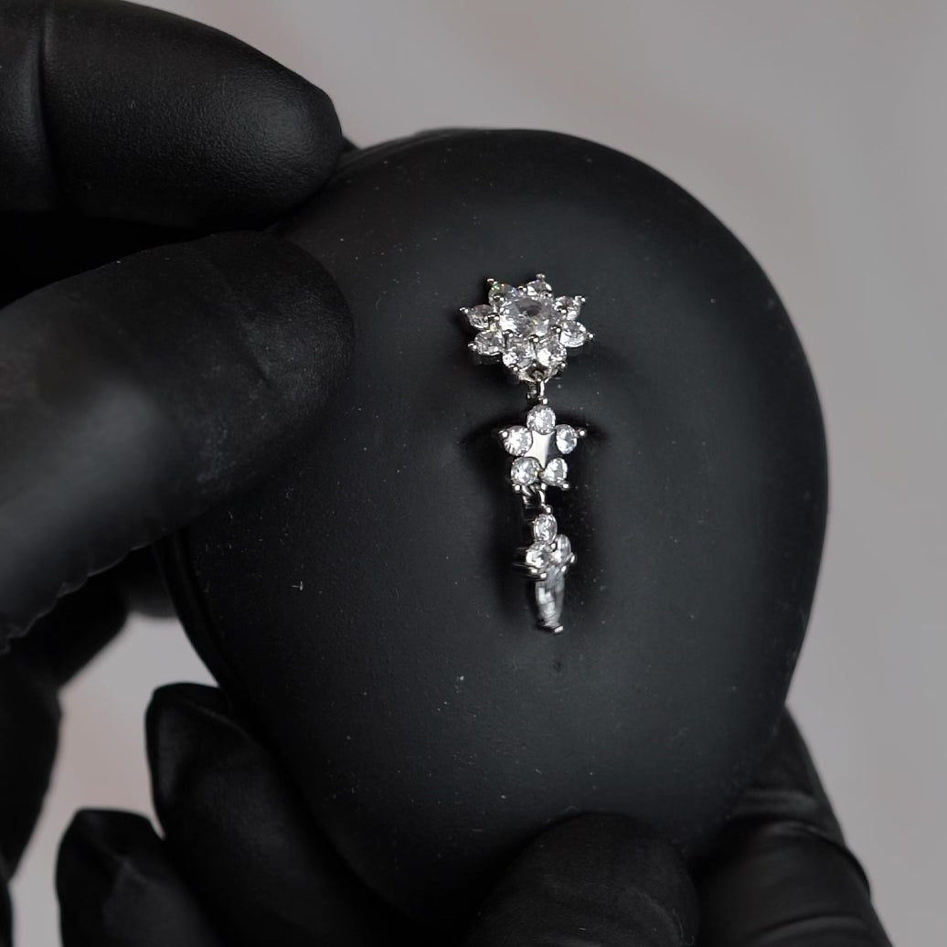 14 Gauge Triple Crystal Flower Reverse Belly Button Bar