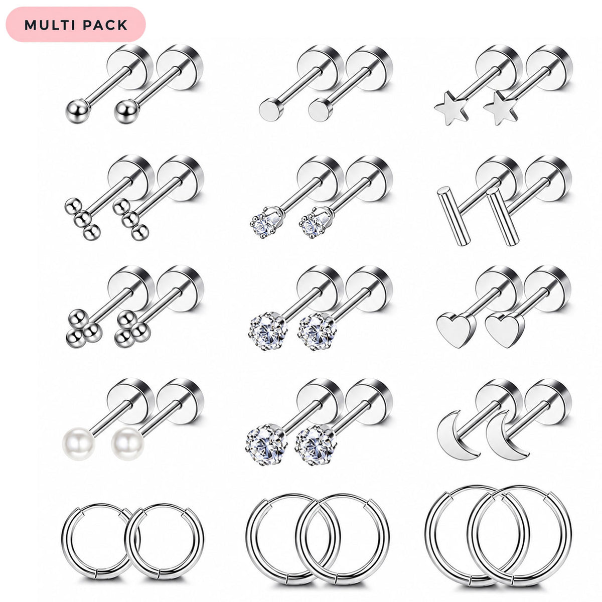 Multi Pack of 15 Pairs Of Studs & Hoop Earrings