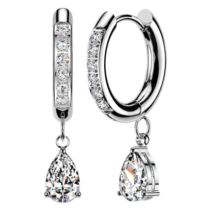 A pair of silver hoop earrings with clear gemstones, featuring a vertical bar with round stones, a curved hoop with round stones, and pear-shaped drop gemstones, shown on a white background.