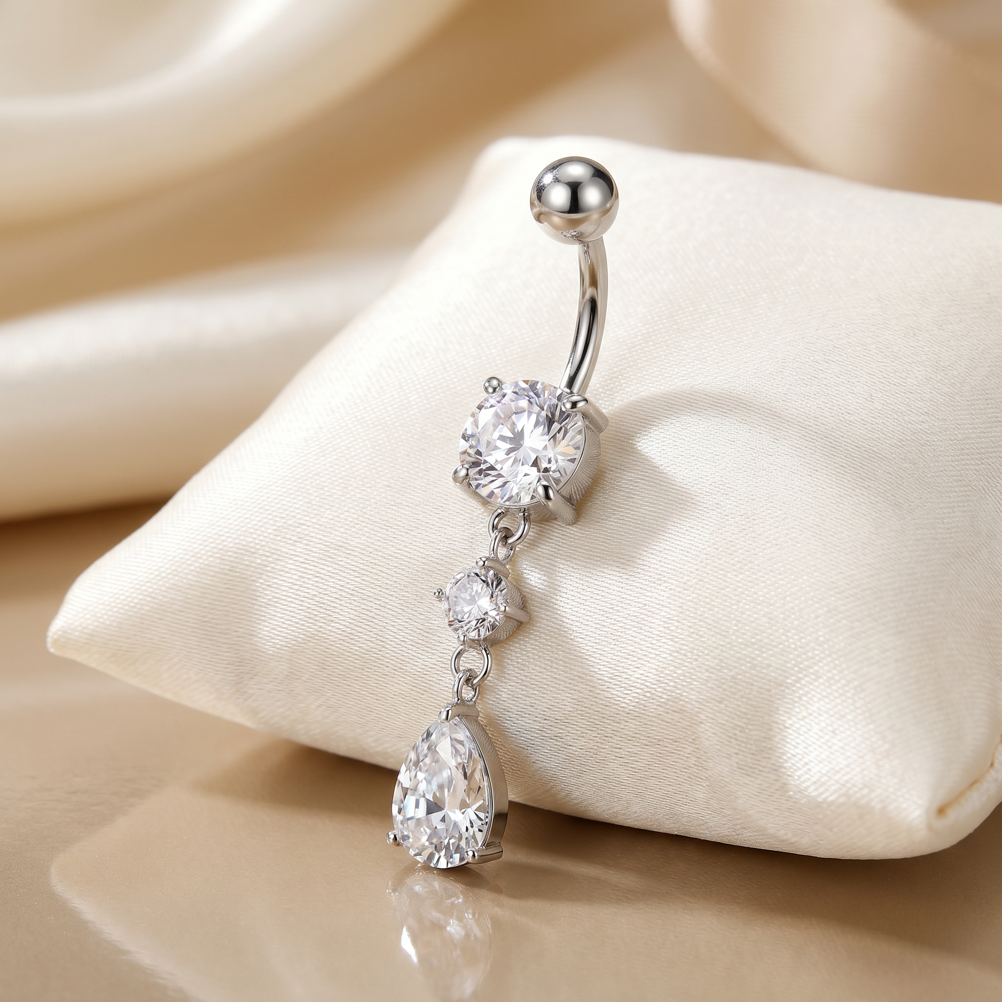 Yiwu Bimo Trading Co., Ltd Belly Bar 14 Gauge Double Dangling Crystal Teardrop Belly Bar - Silver