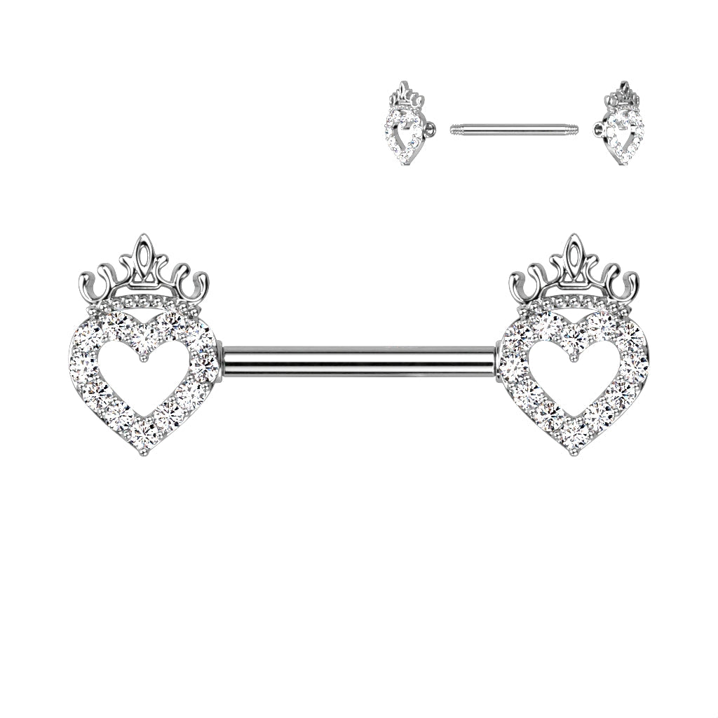 Cherry Diva Barbell Silver / Clear Crystal 14 Gauge Hollow Crystal Heart Barbell Nipple Ring