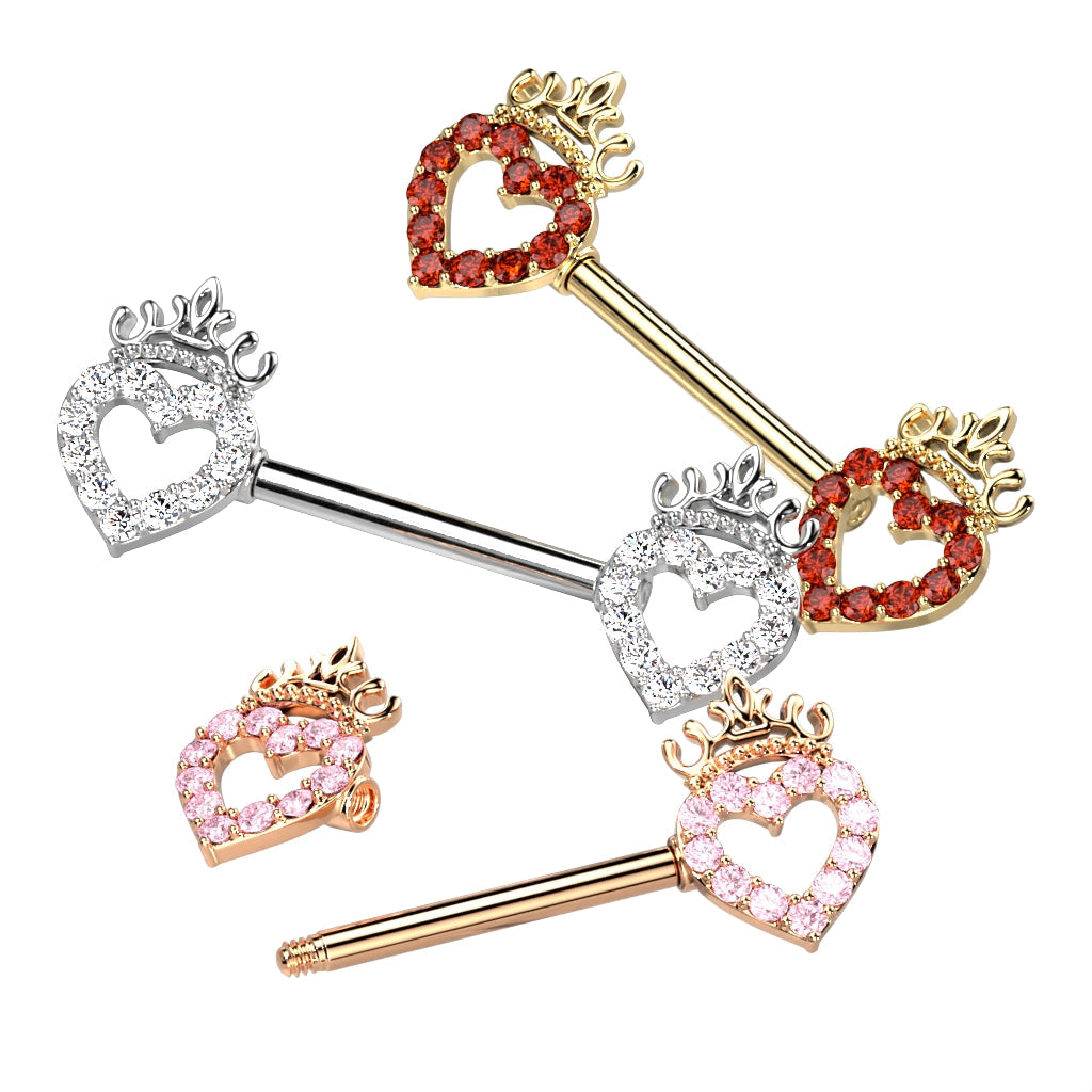 Cherry Diva Barbell 14 Gauge Hollow Crystal Heart Barbell Nipple Ring