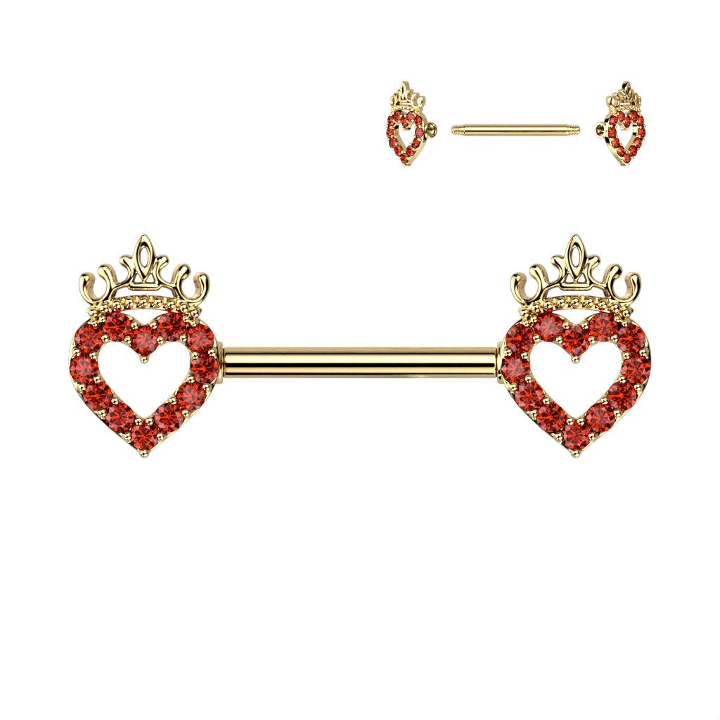 Cherry Diva Barbell Gold / Red Crystal 14 Gauge Hollow Crystal Heart Barbell Nipple Ring