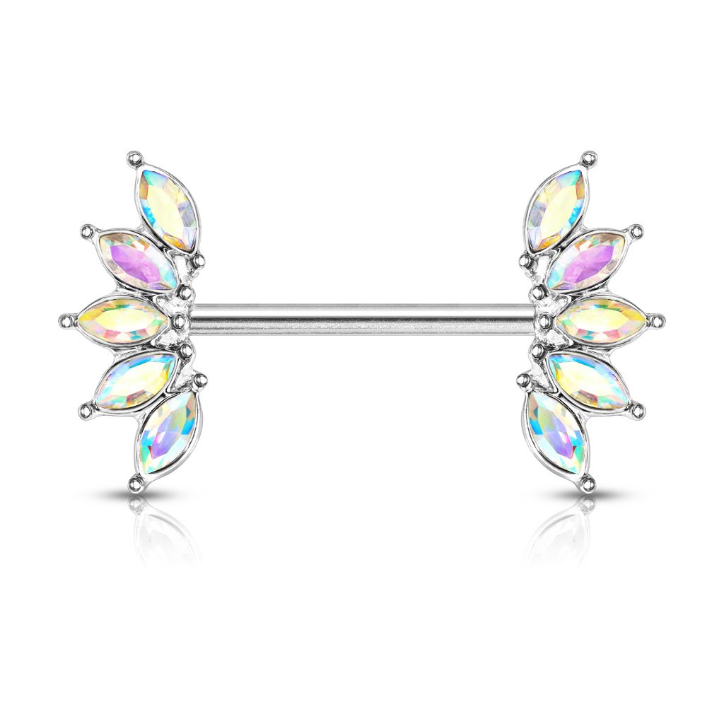 Cherry Diva Nipple Ring Silver / Aurora 14 Gauge Marquise Flower Gemstone Barbell Nipple Ring