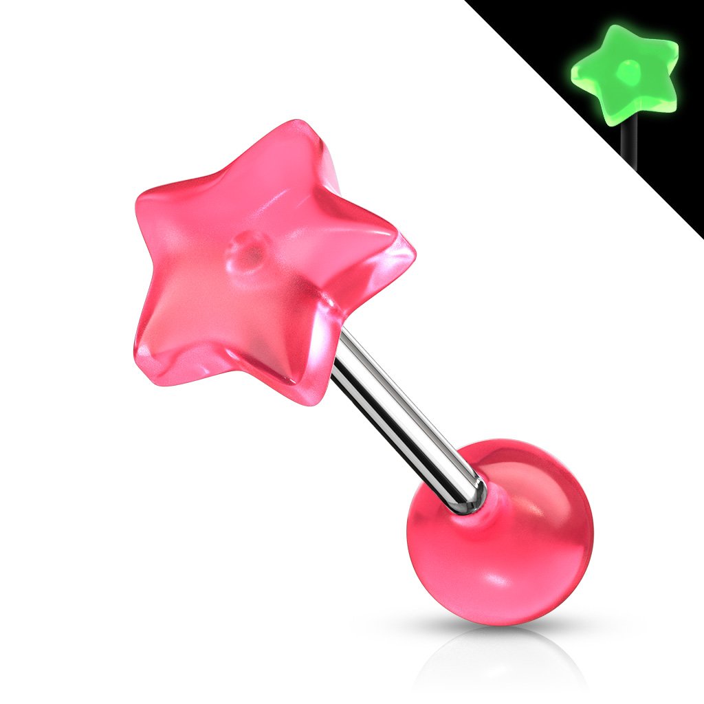 Cherry Diva Barbell Pink 14 Gauge Star Top Glow In the Dark Barbell