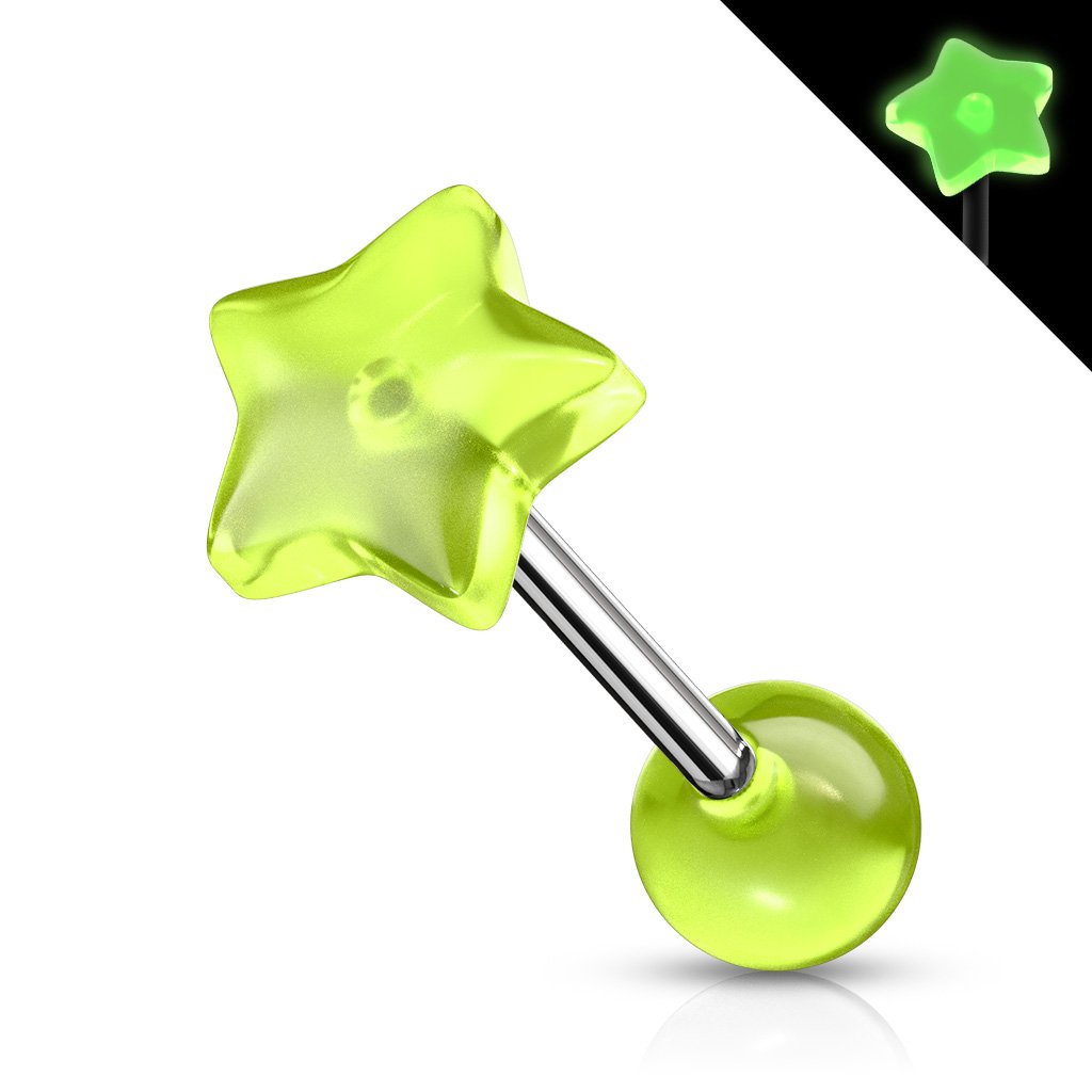 Cherry Diva Barbell Green 14 Gauge Star Top Glow In the Dark Barbell