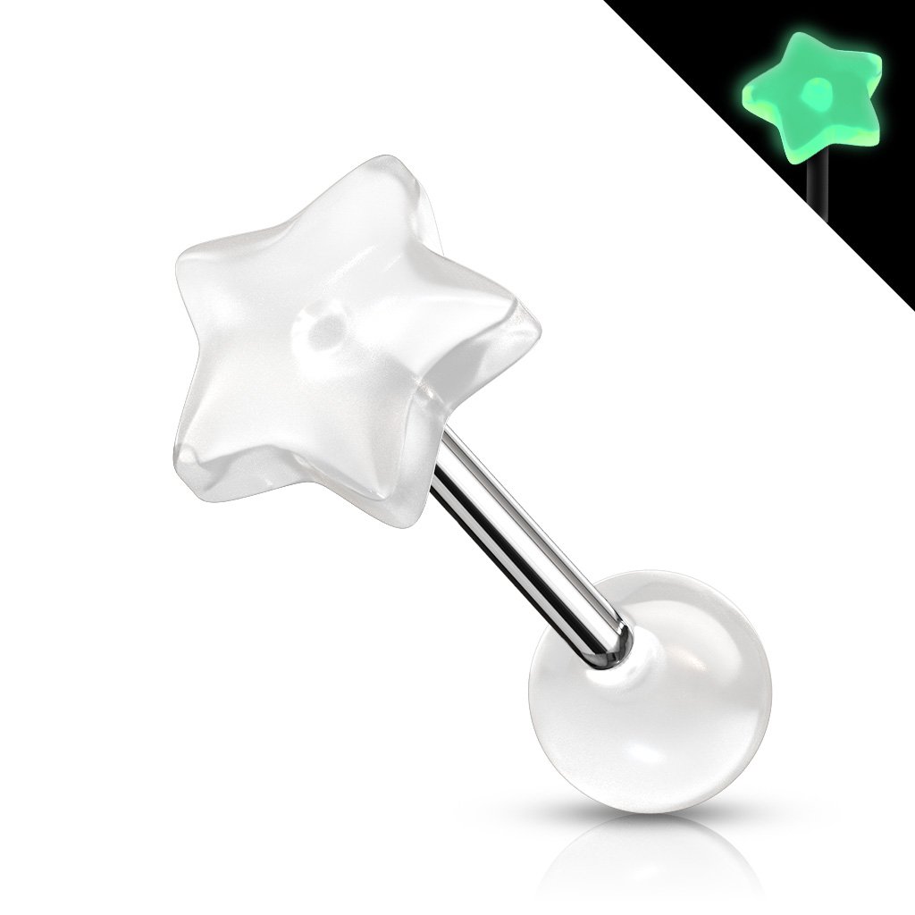 Cherry Diva Barbell White 14 Gauge Star Top Glow In the Dark Barbell