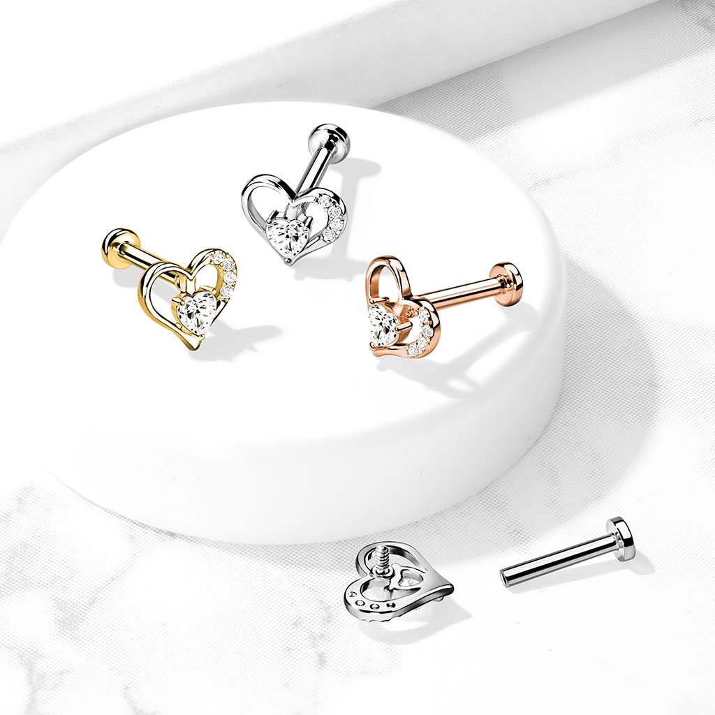 Cherry Diva Flat Back Stud 16 Gauge Internally Threaded Flat Back Crystal Heart Stud