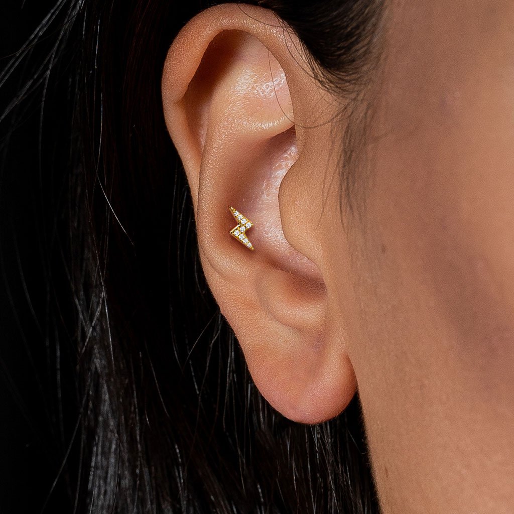 Cherry Diva Barbell 16 Gauge Crystal Lightning Bolt Cartilage / Tragus Stud