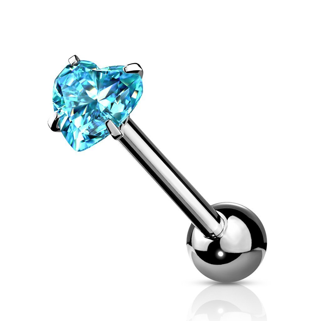 Cherry Diva Barbell Aqua 14 Gauge Prong Set Crystal Heart Tongue Barbell