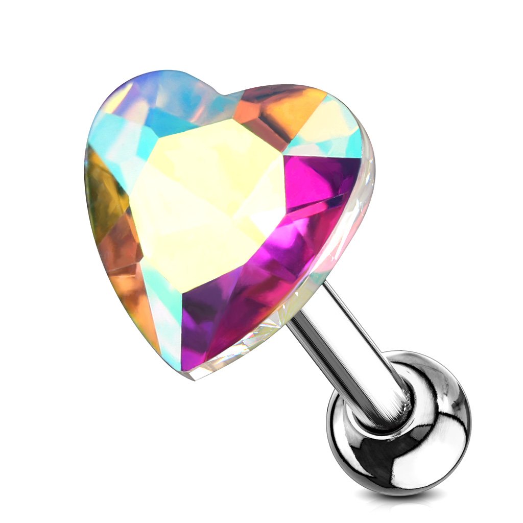 16 Gauge Crystal Heart Cartilage / Tragus Barbell Stud