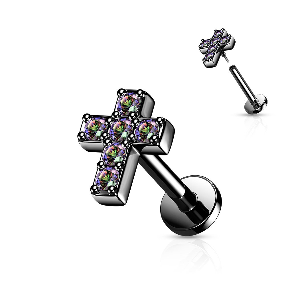 Cherry Diva Flat Back Stud BLACK 16 Gauge Internally Threaded Cross Cartilage / Tragus Stud