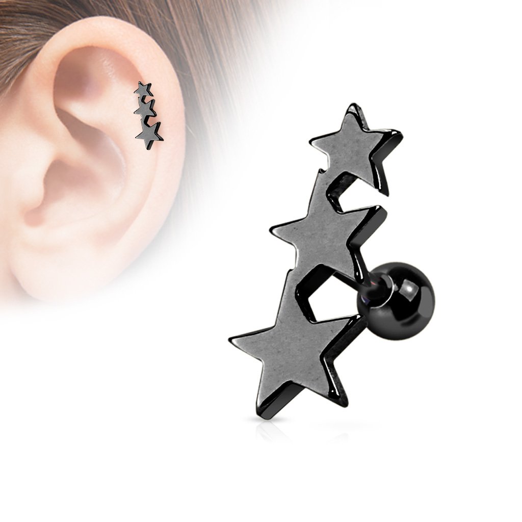 Cherry Diva Stud BLACK 16 Gauge Star Trio Tragus/Cartilage Stud