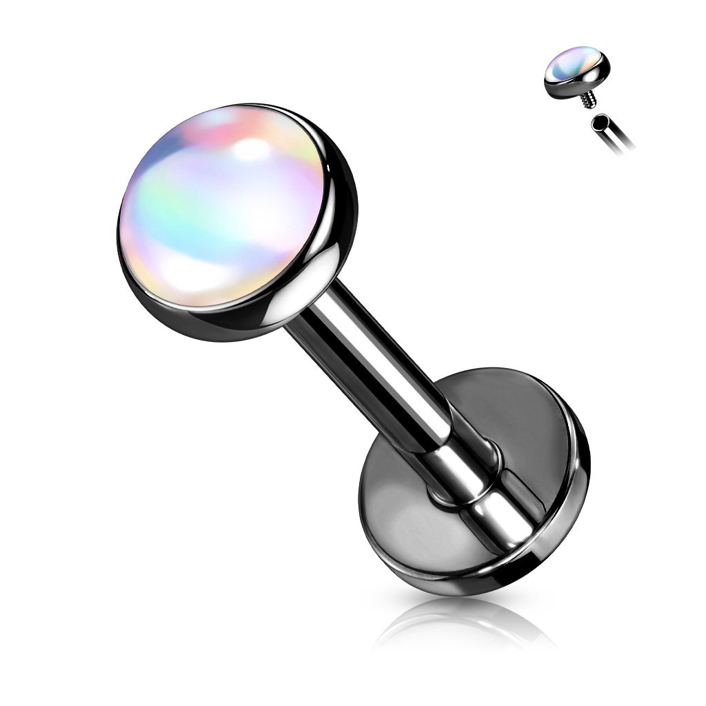 Cherry Diva Flat Back Stud BLACK / CLEAR 16 Gauge Internally Threaded Iridescent Opal Top Stud