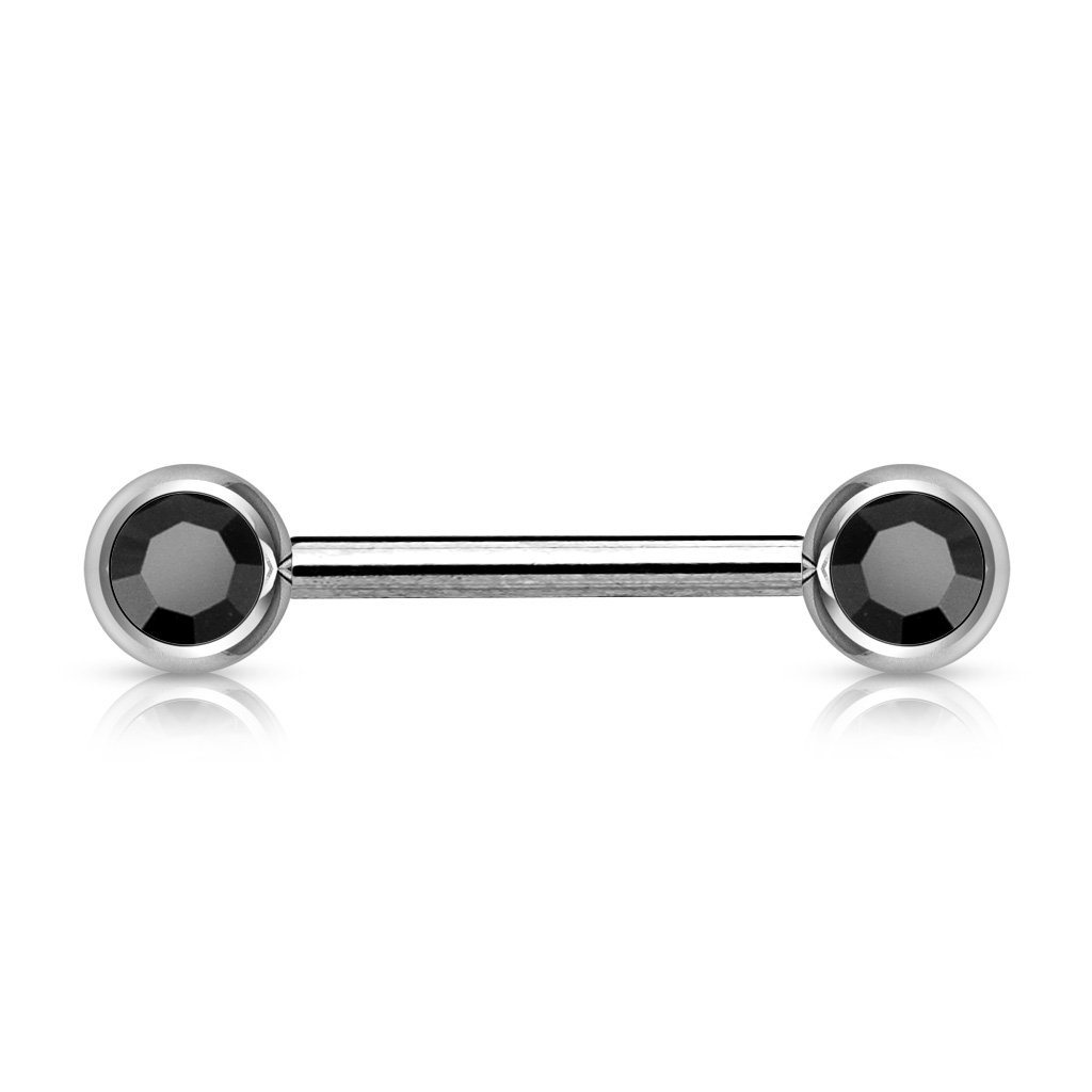 14 Gauge Double Crystal Barbell Nipple Bar - Black