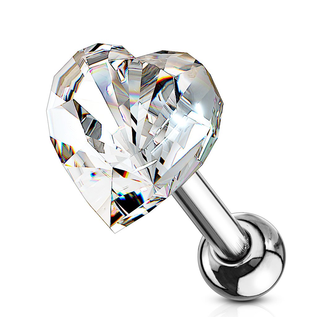 16 Gauge Crystal Heart Cartilage / Tragus Barbell Stud